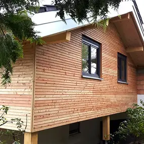 Holzanbau mit moderner Holzfassade und Fenstern an einem bestehenden Wohnhaus im Grünen.